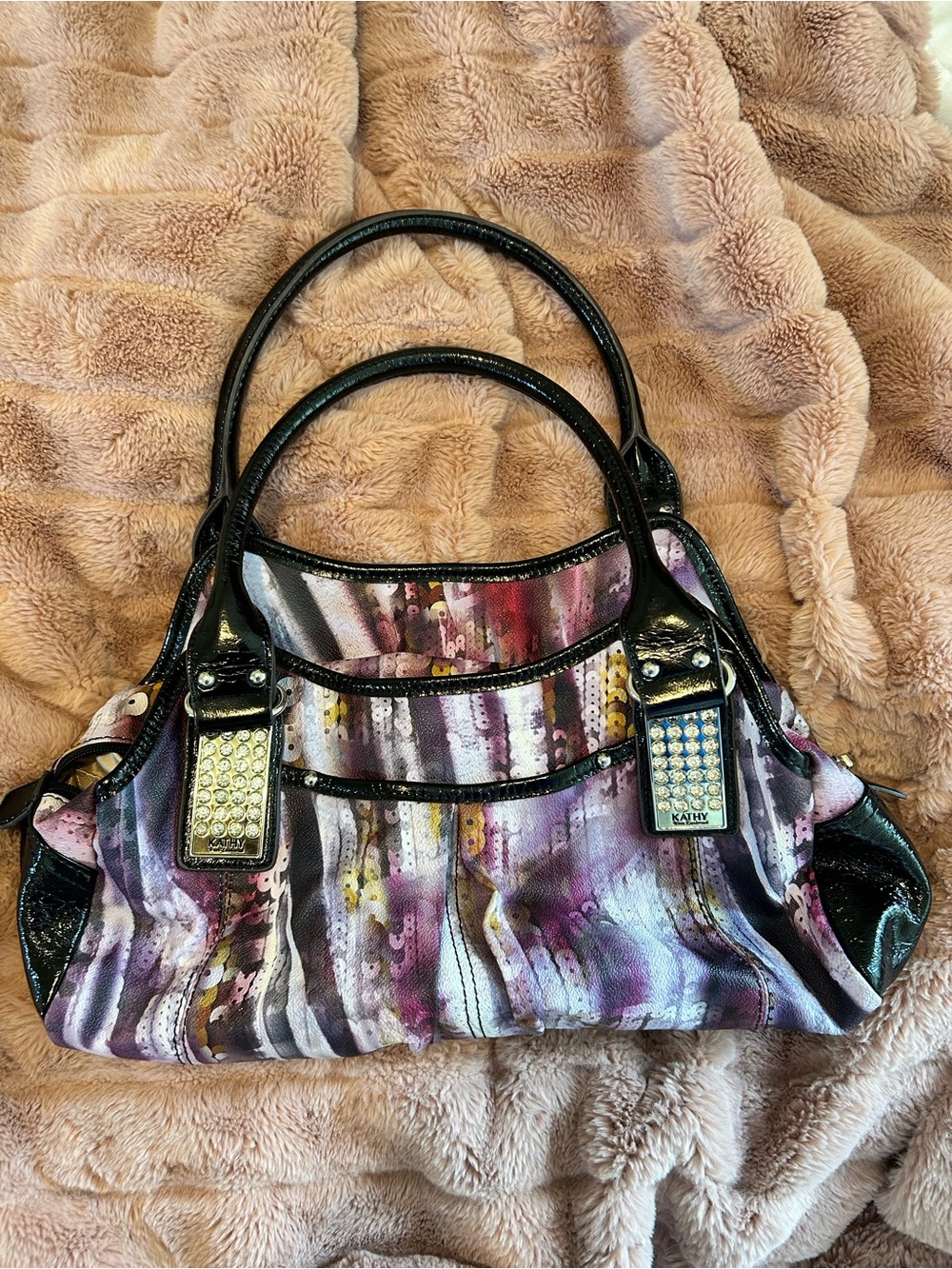 Kathy Van Zeeland Purple Multi-Stripe Crystal Accent Satchel